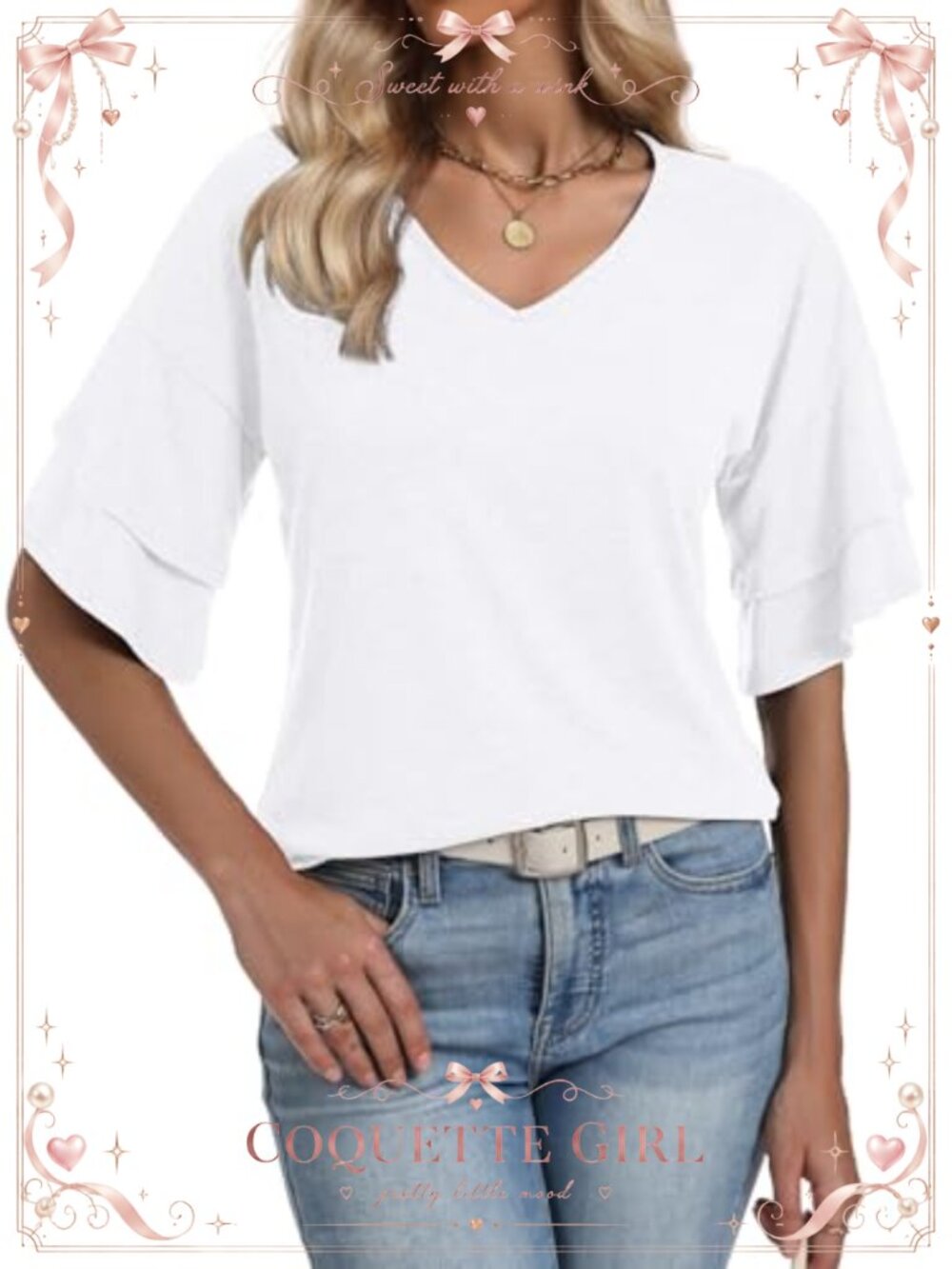 Women's V Neck 3/4 Bell Sleeve Tunic Blouse Casual Dressy Top